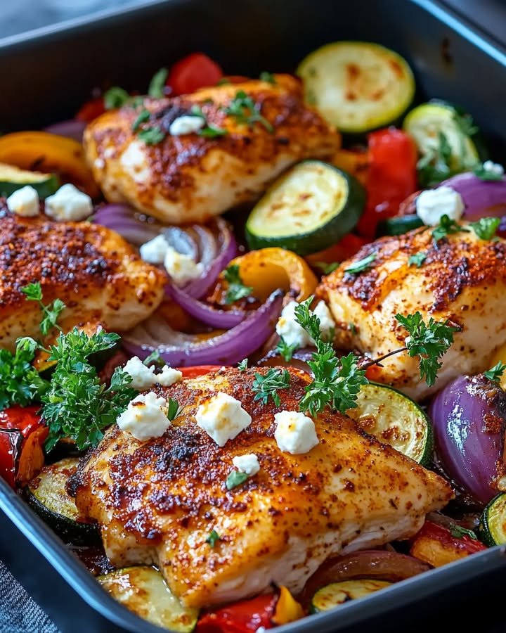 y478 🍽️ Hähnchen mit Paprika, Zucchini, Zwiebeln und Feta im Ofen – Ein einfaches und leckeres Ofengericht!