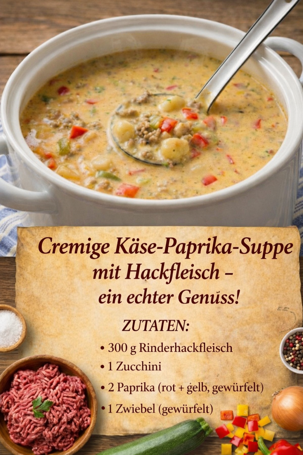 y772 Cremig, herzhaft, einfach gut: Käse-Paprika-Suppe mit Hackfleisch & Gnocchi