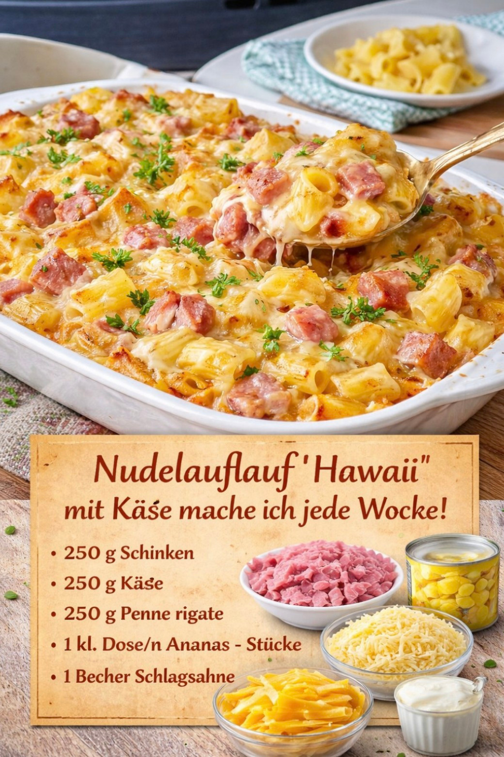 Nudelauflauf 'Hawaii' mit Käse y823 Nudelauflauf Hawaii – Cremiger Nudel-Käse-Auflauf mit Ananas & Schinken